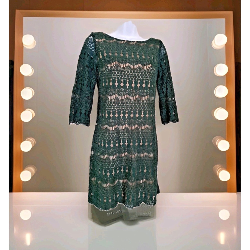DB established 1962 Dress 4 Green Lace Overlay Tan Lining 3/4 Sleeve Back Zipper